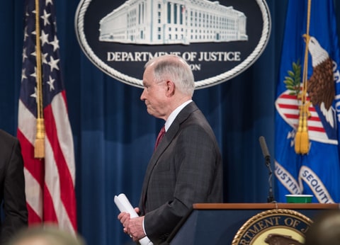 US Attorney General Jeff Sessions walks away after holding a press conference at the Justice Department in Washington, DC, on March 2, 2017.