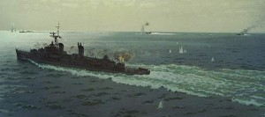Oil painting by Cmdr. E.J. Fitzgerald depicts the supposed engagement between USS Maddox and three Vietnamese motor torpedo boats on Aug. 2, 1964. (Naval History and Heritage Command)