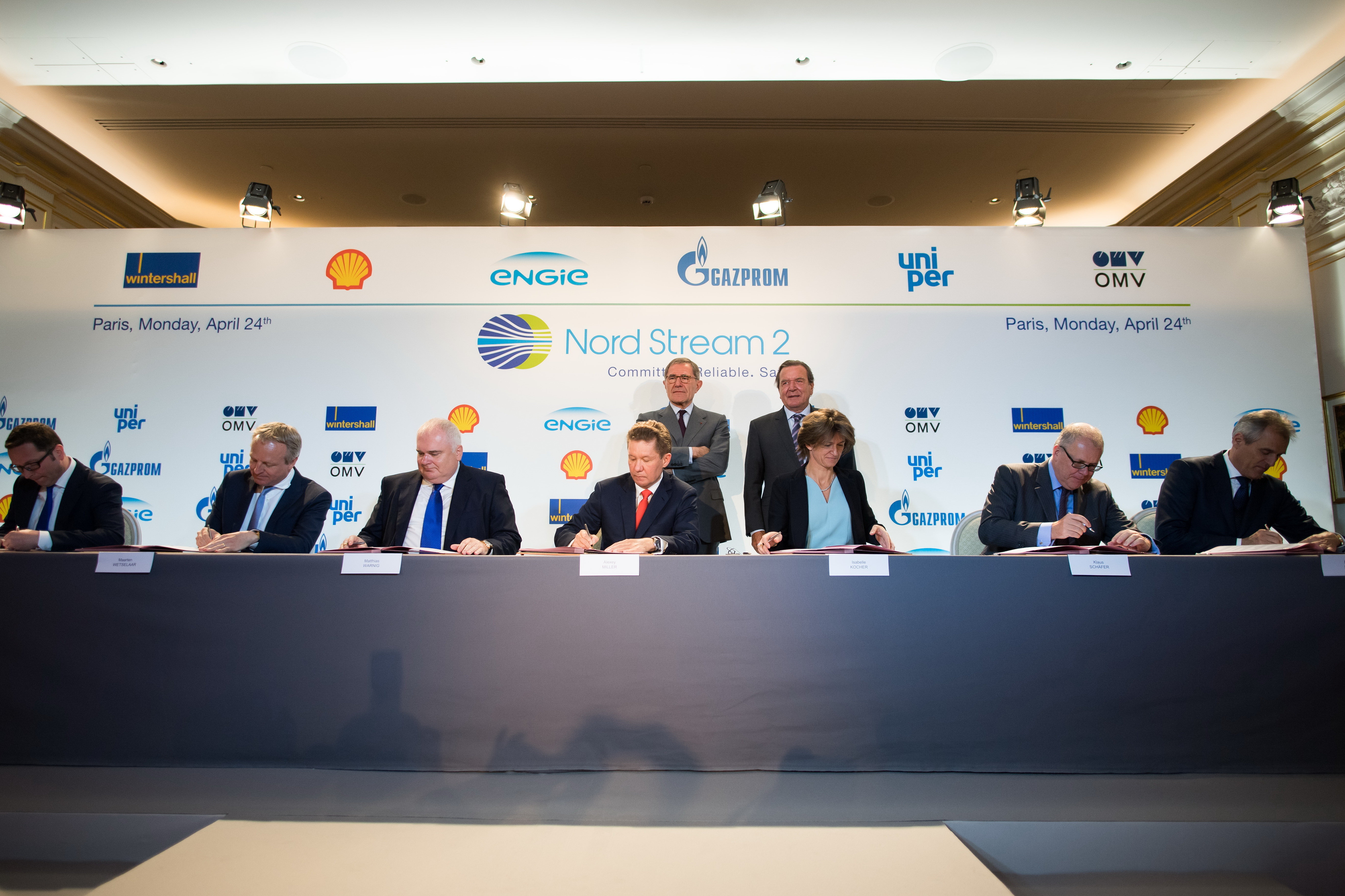 Officials from Wintershall Holding GmbH, Shell, Nord Stream 2 AG, Gazprom, ENGIE SA, Uniper SE and OMV AG signing the financing agreement for the Nord Stream 2 pipeline project. Officials from Wintershall Holding GmbH, Shell, Nord Stream 2 AG, Gazprom, ENGIE SA, Uniper SE and OMV AG signing the financing agreement for the Nord Stream 2 pipeline project.