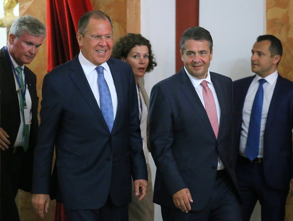 Foreground, from left: Russian Foreign Minister Sergei Lavrov and German Foreign Minister Sigmar Gabriel at the news conference in Krasnodar Foreground, from left: Russian Foreign Minister Sergei Lavrov and German Foreign Minister Sigmar Gabriel at the news conference in Krasnodar