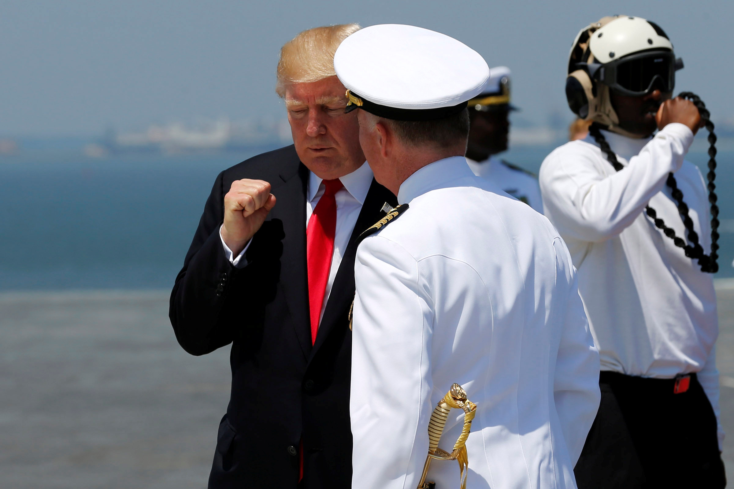 US President Donald Trump bids farewell to US Navy Captain Richard McCormack after commissioning the aircraft carrier USS Gerald R. Ford during a ceremony at Naval Station Norfolk in Norfolk, Virginia, US July 22, 2017. US President Donald Trump bids farewell to US Navy Captain Richard McCormack after commissioning the aircraft carrier USS Gerald R. Ford during a ceremony at Naval Station Norfolk in Norfolk, Virginia, US July 22, 2017.