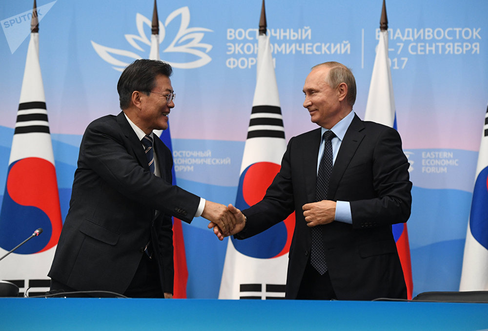 Russian President Vladimir Putin and President of South Korea Moon Jae-in, left, during a joint press statement on the results of the meeting held as part of the 3rd Eastern Economic Forum at the Far Eastern Federal University, Russky Island. September 6, 2017