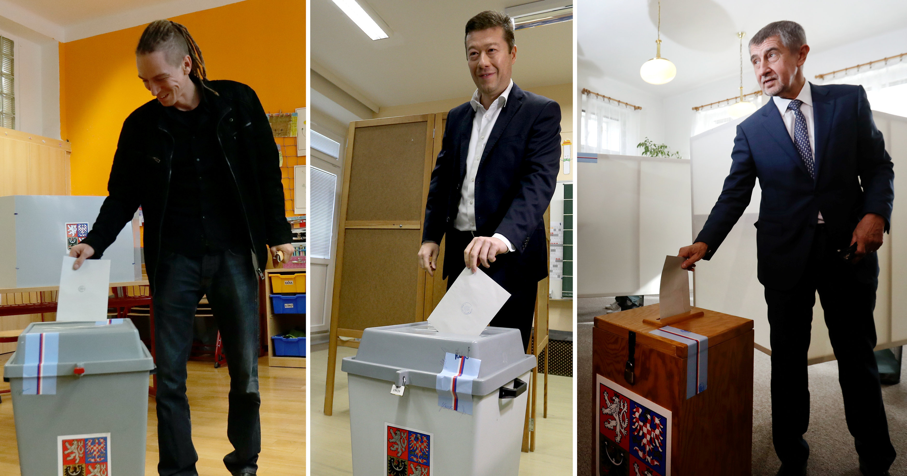 A combination photo shows the leaders of Czech Pirate Party Ivan Bartos, the Freedom and Direct Democracy (SPD) party Tomio Okamura and the ANO party Andrej Babis (L-R) casting their votes in parliamentary elections in Prague, Czech Republic October 20, 2017 A combination photo shows the leaders of Czech Pirate Party Ivan Bartos, the Freedom and Direct Democracy (SPD) party Tomio Okamura and the ANO party Andrej Babis (L-R) casting their votes in parliamentary elections in Prague, Czech Republic October 20, 2017