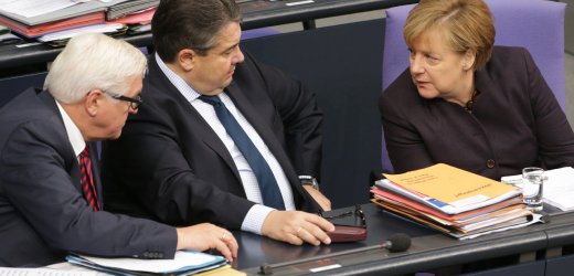 German Foreign Minister Frank-Walter Steinmeier (left) and Economics Minister Sigmar Gabriel together with Chancellor Merkel. German Foreign Minister Frank-Walter Steinmeier (left) and Economics Minister Sigmar Gabriel together with Chancellor Merkel.