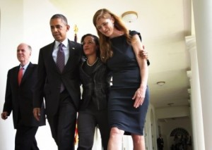 President Barack Obama at the White House with National Security Adviser Susan Rice and Samantha Power (right), his U.N. ambassador. (Photo credit: Pete Souza)
