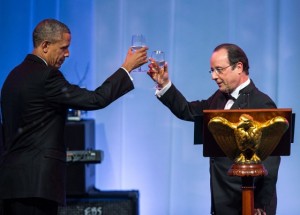 President Barack Obama raises his glass in a toast with President François Hollande of France during the State Dinner at the White House, Feb. 11, 2014. (Official White House Photo by Amanda Lucidon)