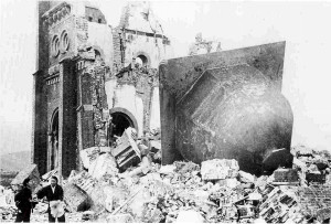 The ruins of the Urakami Christian church in Nagasaki, Japan, as shown in a photograph dated Jan. 7, 1946.