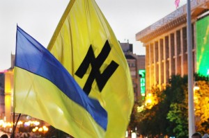 The neo-Nazi Wolfsangel symbol on a banner in Ukraine.