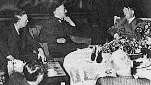 Ribbentrop, Chamberlain, and Hitler during the negotiations in Munich in September 1938 that sealed the fate of Czechoslovakia