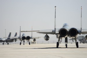F-15 Eagles from the 493rd Fighter Squadron at Royal Air Force Lakenheath, England, taxi to the runway during the final day of Anatolian Eagle June 18, 2015, at 3rd Main Jet Base, Turkey. The 493rd FS recently received the 2014 Raytheon Trophy as the U.S. Air Force's top fighter squadron. (U.S. Air Force photo/Tech. Sgt. Eric Burks)