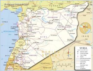 Map of Syria, Tal Tamir is in upper right of map, Kobani is east of Jarabulus on Turkish border