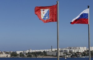 City flag of Sebastopol, Russia and Russian flag