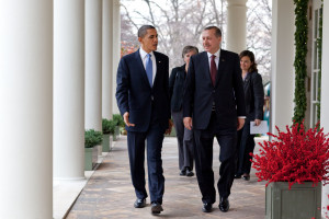 President Barack Obama walks along the Colonnade at the White House with Prime Minister Recep Tayyip Erdogan of Turkey, Dec. 7, 2009. (Official White House Photo by Pete Souza)