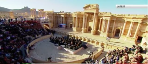 A Russian orchestra performing at Palmyra's Roman theater on May 5, 2016, after Syrian troops, backed by Russian air power, reclaimed the ancient city from the Islamic State. (Image from RT's live-streaming of the event.)