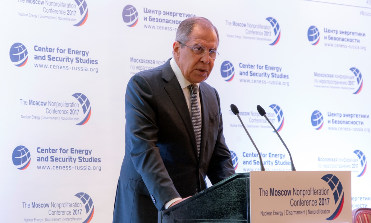 Russian Foreign Minister Sergey Lavrov speaking at the 2017 Moscow Non-Proliferation Conference